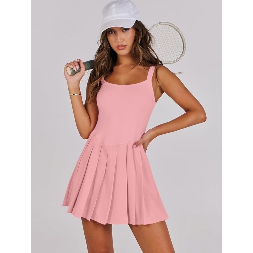 Pink Tennis‎ Dress with Built-In Shorts and Pockets, Sleeveless Activewear